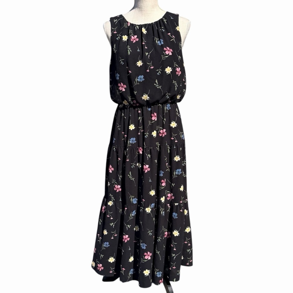Lauren Ralph Lauren Women Black Floral Sleeveless Tiered Midi Elastic Waist 6